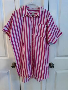 a new day Pink & White Vertical Stripe Short-Sleeve Button-Down Shirt Dress